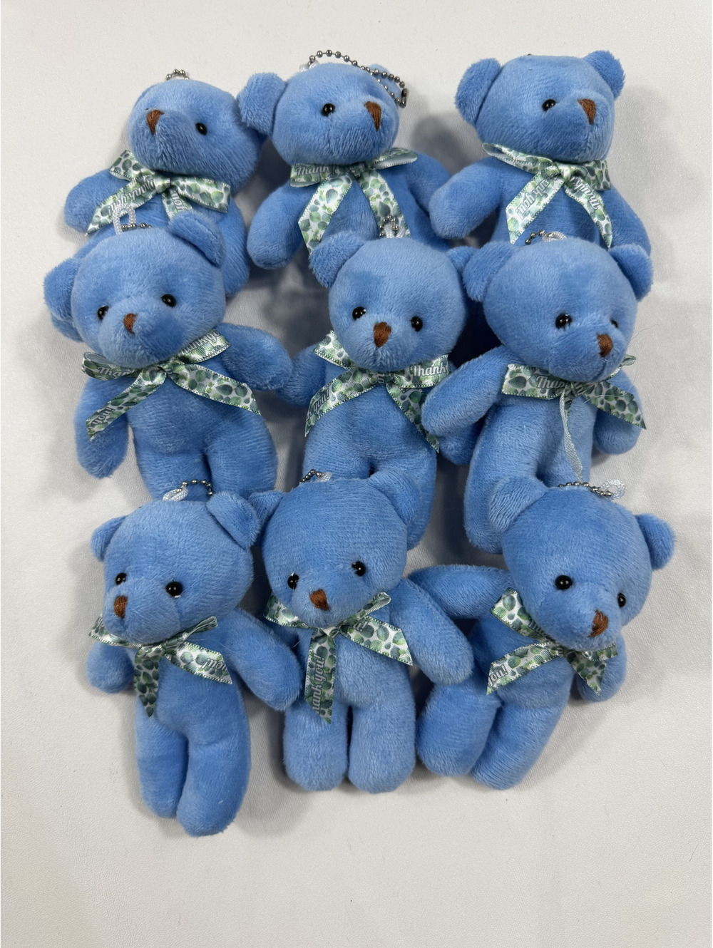 Set of 9 Small Blue Plush Teddy Bear Keychains with Green Ribbon